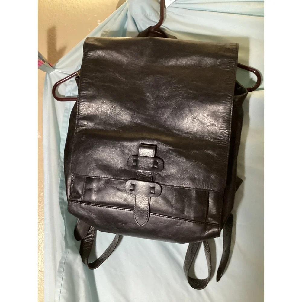 The Old Angler Italian Leather Black Backpack Flap Closure